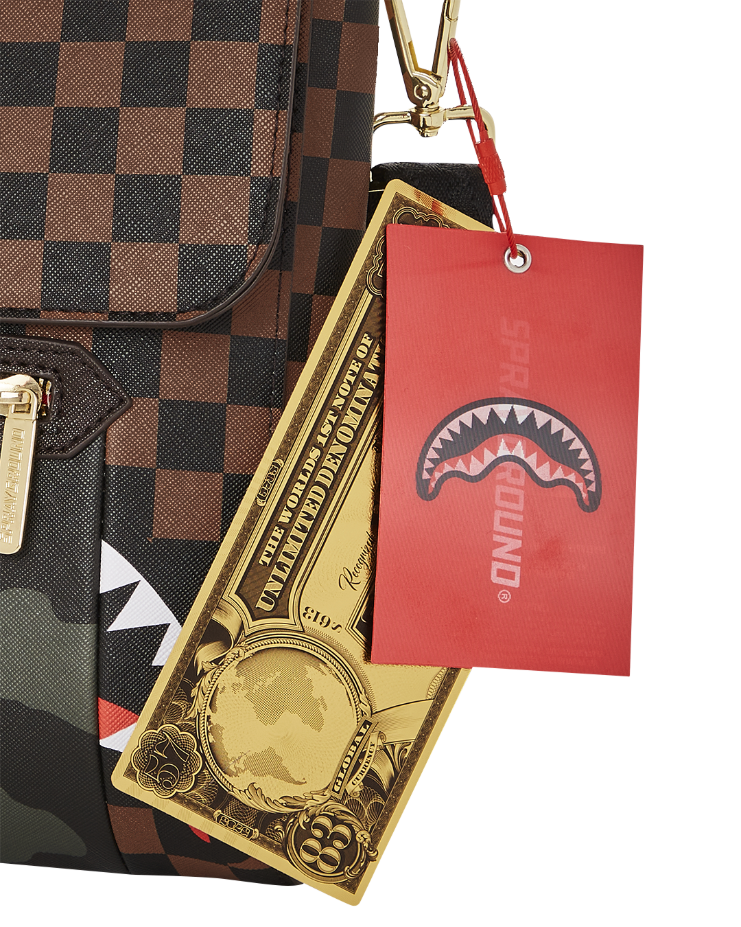 EXTERIOR GOLD ZIP POCKET SHARKS IN PARIS MESSENGER SLING BAG